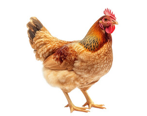 Fototapeta premium A beautiful brown hen isolated on transparent background, standing gracefully with its feathers ruffled and a curious gaze, showcasing the charm of poultry farming