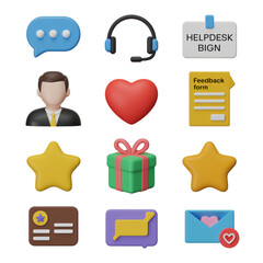 Grid of 3D Icons for Customer Service, Feedback, and Communication speech bubble headset isolated on a transparent background