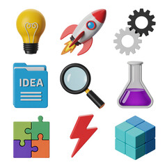 Grid of 3D Icons for Innovation, Ideas, and Business Development graphic design isolated on a transparent background