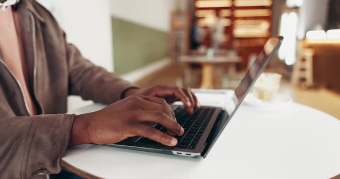 Hands, businessman and typing on laptop in cafe for remote work, editing article or publication. Freelancer, journalist and tech in restaurant for editor feedback, proofreading submission or research