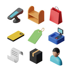 Isometric 3D Icons of Retail and Shopping Elements on Black Background graphic design isolated on a transparent background