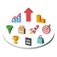 Isometric business icons arranged in a semi-circle representing growth and success graphic design isolated on a transparent background