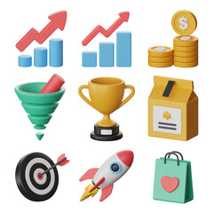 Isometric icons for business growth marketing and sales success with a heart symbol graphic design isolated on a transparent background