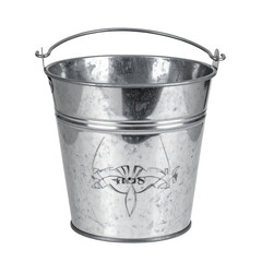 Small, galvanized metal bucket with handle and decorative design