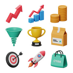 Isometric icons representing business success growth and marketing concepts graphic design isolated on a transparent background
