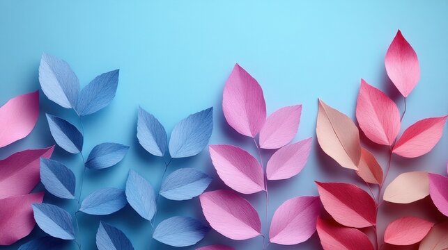 Colorful paper craft leaves in a blue and pink gradient on a pastel background.