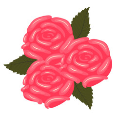 A bouquet of bright pink roses. A composition of three lush flowers and leaves. Vector illustration isolated on a white background.