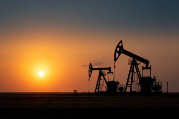 Silhouette of two pumpjacks on a field, the sun setting creating an orange glow