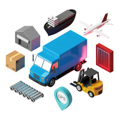 Isometric Logistics and Shipping Icons with 3D Rendering delivery transportation isolated on a transparent background