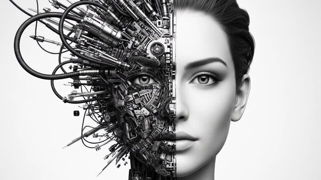 Futuristic android transformation showcasing human and mechanical integration concept