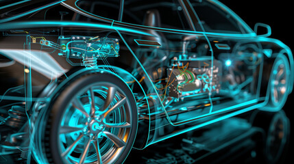 Extreme close-up of EV’s transparent chassis: glowing current lines, spinning rotor, 3D-rendered electric motor with energy flow, cool palette.