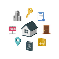 Real Estate Icons Arranged In Circle House Office Building Key Contract Sold Sign Door Map Property File Floor Plan isolated on a transparent background