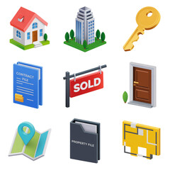 Real Estate Icons Collection Isometric View With House Office Building Key Contract Sold Sign Door Map Property File Floor Plan isolated on a transparent background