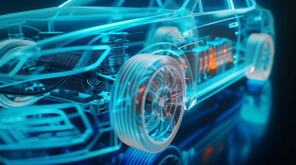 Extreme close-up of EV’s transparent chassis: glowing current lines, spinning rotor, 3D-rendered electric motor with energy flow, cool palette.