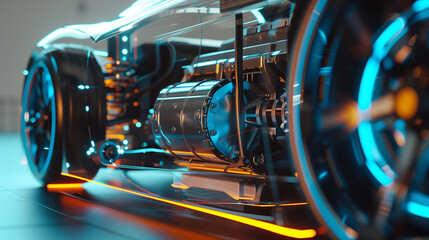 Extreme close-up of EV’s transparent chassis: glowing current lines, spinning rotor, 3D-rendered electric motor with energy flow, cool palette.