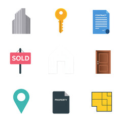 Real Estate Icons Set House Office Building Key Contract Sold Sign Door Map Property File Floor Plan isolated on a transparent background