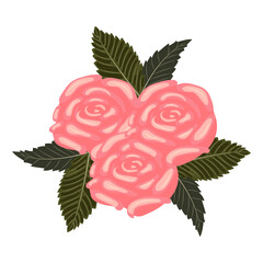 Arrangement of three light pink roses and six leaves. Vector illustration on a white background.