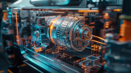 Extreme close-up of EV’s transparent chassis: glowing current lines, spinning rotor, 3D-rendered electric motor with energy flow, cool palette.