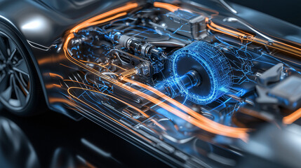 Extreme close-up of EV’s transparent chassis: glowing current lines, spinning rotor, 3D-rendered electric motor with energy flow, cool palette.