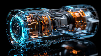 Extreme close-up of EV’s transparent chassis: glowing current lines, spinning rotor, 3D-rendered electric motor with energy flow, cool palette.