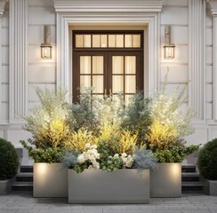 Elegant home entrance featuring illuminated plants in metallic planters, flanked by lights & door