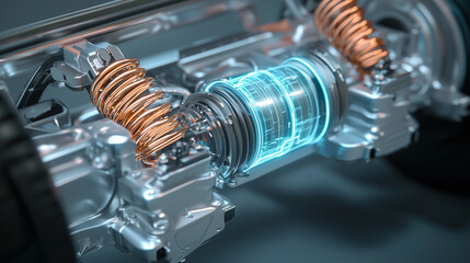 Extreme close-up of EV’s transparent chassis: glowing current lines, spinning rotor, 3D-rendered electric motor with energy flow, cool palette.