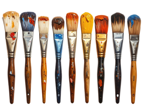 Row of paintbrushes, various colors and sizes, showing paint residue on bristles - Powered by Adobe