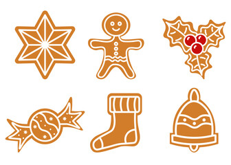 Flat style illustration set of various gingerbread cookies: star, man, holly, candy, stocking, and bell perfect for Christmas, New Year, and winter holiday baking designs.