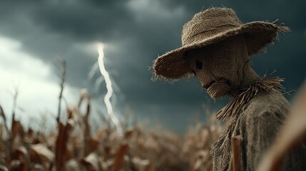 Obraz premium Scarecrow in a cornfield during a thunderstorm with dramatic lightning strikes