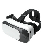 A white and black VR headset with adjustable straps