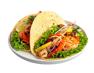 Two seafood tacos on a white plate.  Fresh ingredients, including shrimp, vegetables, and lettuce, are nestled within warm tortillas
