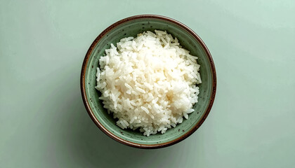 Steamed rice in square bento tray compartment, copy space above for text overlay