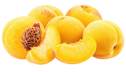 Cluster of ripe yellow peaches, some halved, showing juicy interiors