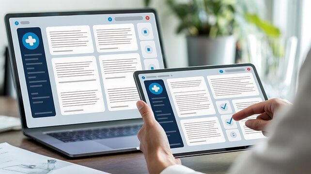 Person interacting with medical data on a laptop and tablet