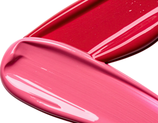 Two swaths of glossy lipstick in shades of pink and red, overlapping and flowing