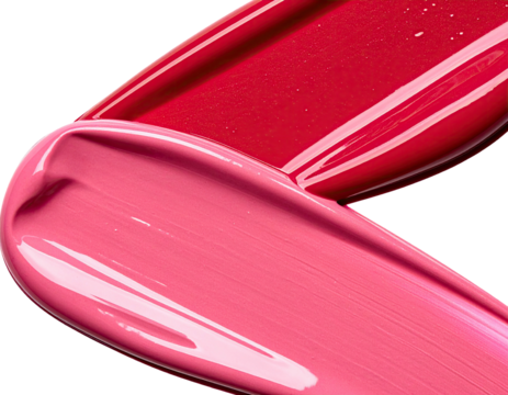 Two swaths of glossy lipstick in shades of pink and red, overlapping and flowing