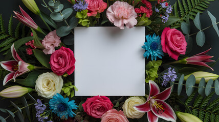 Elegant floral arrangement surrounds blank white space perfect for invitations, announcements, or personalized messages