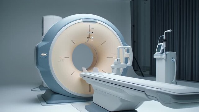 Modern Ct Scan Machine with White Examination Table on White Background in Studio with Dim Lighting Showing Technological Advancement in Medicine