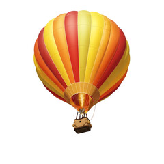 Fototapeta premium A brightly colored hot air balloon with red, yellow, and orange stripes floats against a deep black background, showcasing its basket and form
