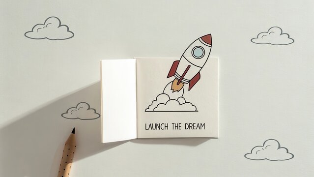 Cartoon rocket illustration on notebook with inspirational text 'Launch the Dream' and doodle clouds on light background