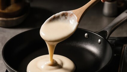 Pouring pancake batter into a hot pan for breakfast.
