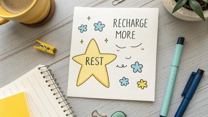 Inspirational card with motivational message on rest and self-care placed on a desk with stationery items and plants