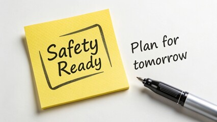 Safety Ready Message on Sticky Note with Pen for Future Planning and Preparedness in Everyday Life or Business Settings