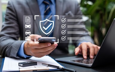 Businessman using phone with digital security interface on screen