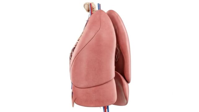 Human lungs and respiratory system, 3D render of internal organ anatomy for medical study.