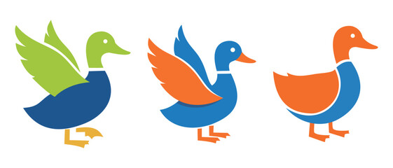 Naklejka premium Three colorful duck icons set, depicting different poses like flying and standing, perfect for a playful bran