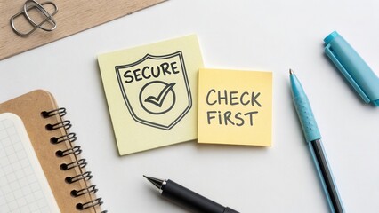 Secure Check First Message on Sticky Note with Pen, Notepad, and Paperclip on Desk Surface for Safety Concept