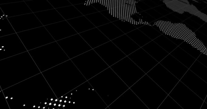 World map design created with glow pixels moving over a thin mesh in white on black