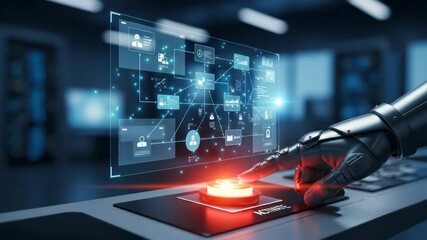 Robotic arm interacting with futuristic interface, automation and advanced technologies for - Powered by Adobe