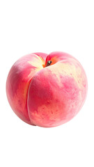 Close-up of a single, ripe peach.  A vibrant, rosy-pink peach, with subtle yellow highlights, is centrally positioned against a black background.  